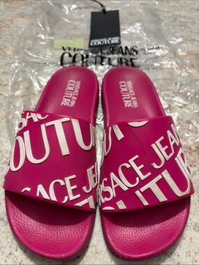 Versace Jeans Collection Women's Hot Pink Logo Slide Sandals